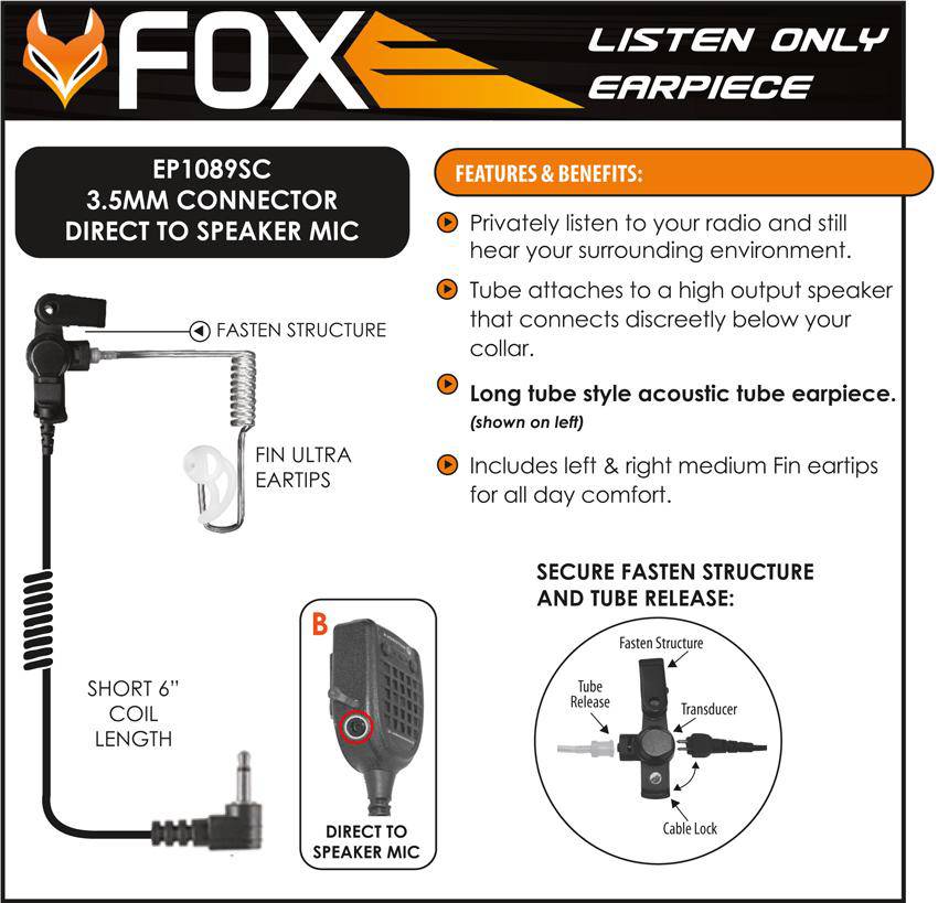 EPC Fox Listen Only Earpiece, with 3.5mm Connector