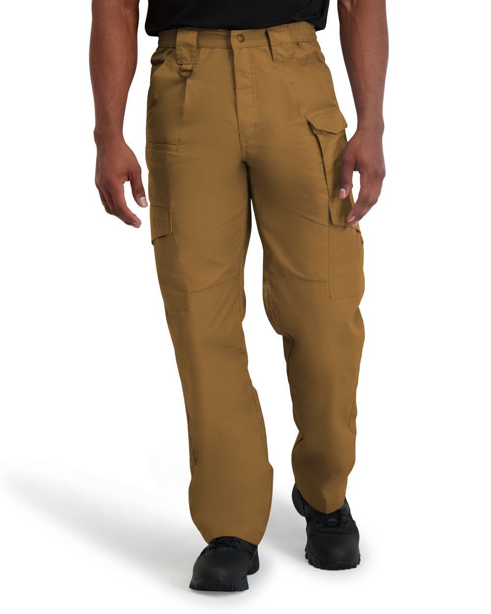 Tan cargo pants worn by a person on a white background