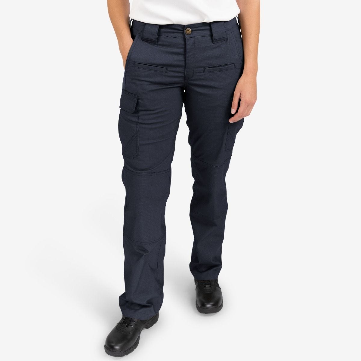 Person wearing navy blue pants on a white background