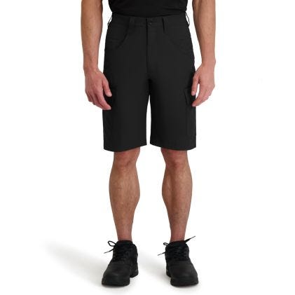 Person wearing black shorts on a white background