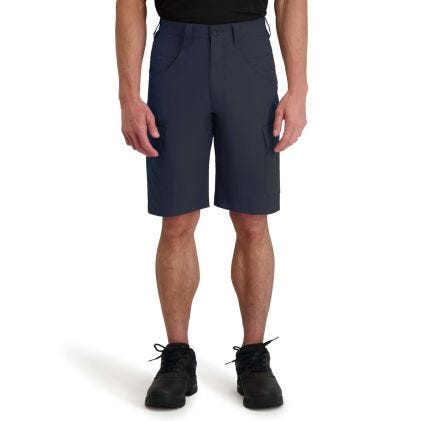 Person wearing navy shorts on a white background