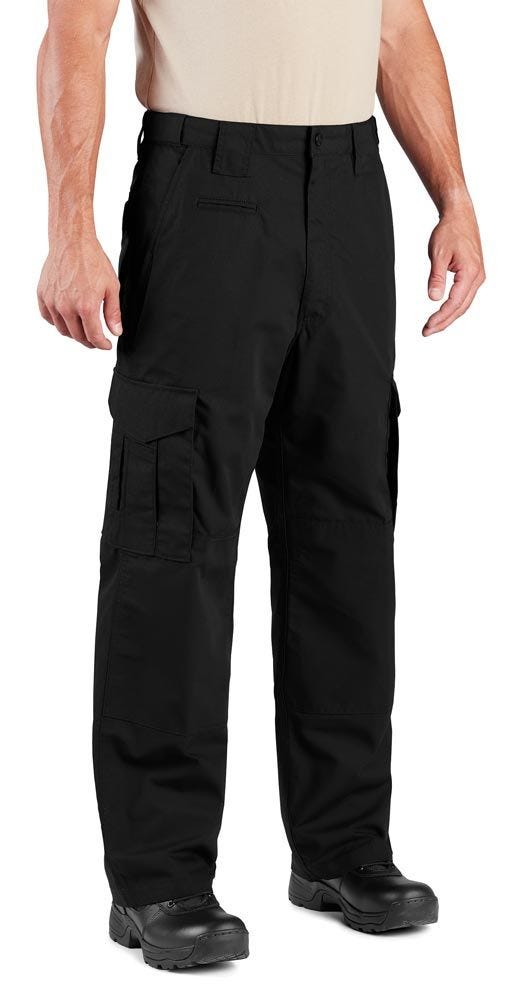 Black cargo pants worn by a person on a white background