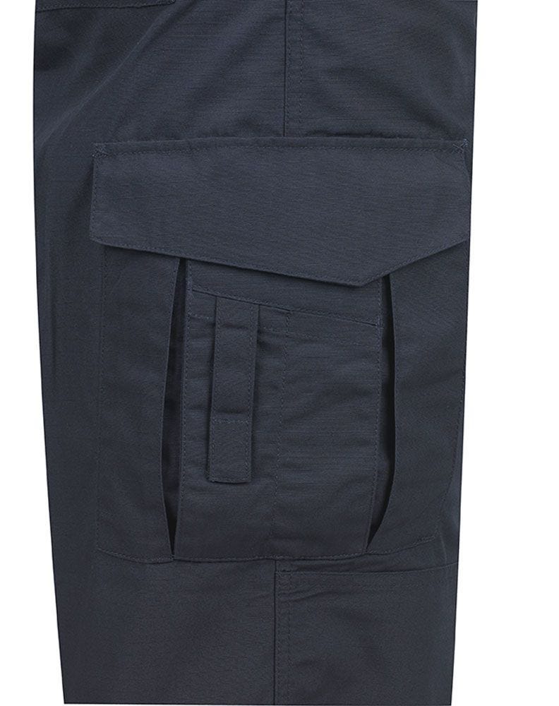 Dark blue cargo pants with multiple pockets on a white background