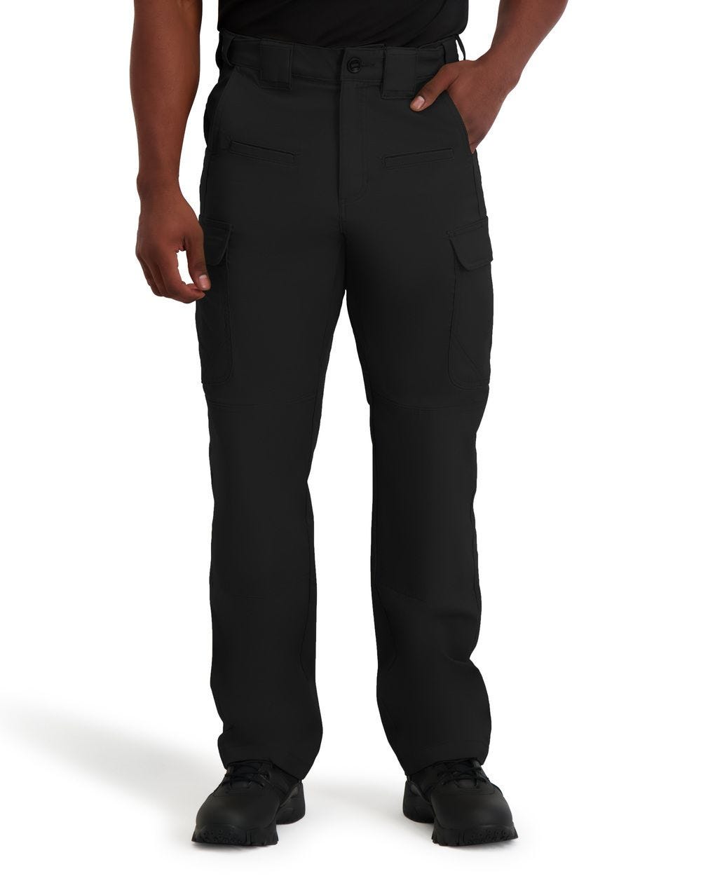 Person wearing black pants on a white background