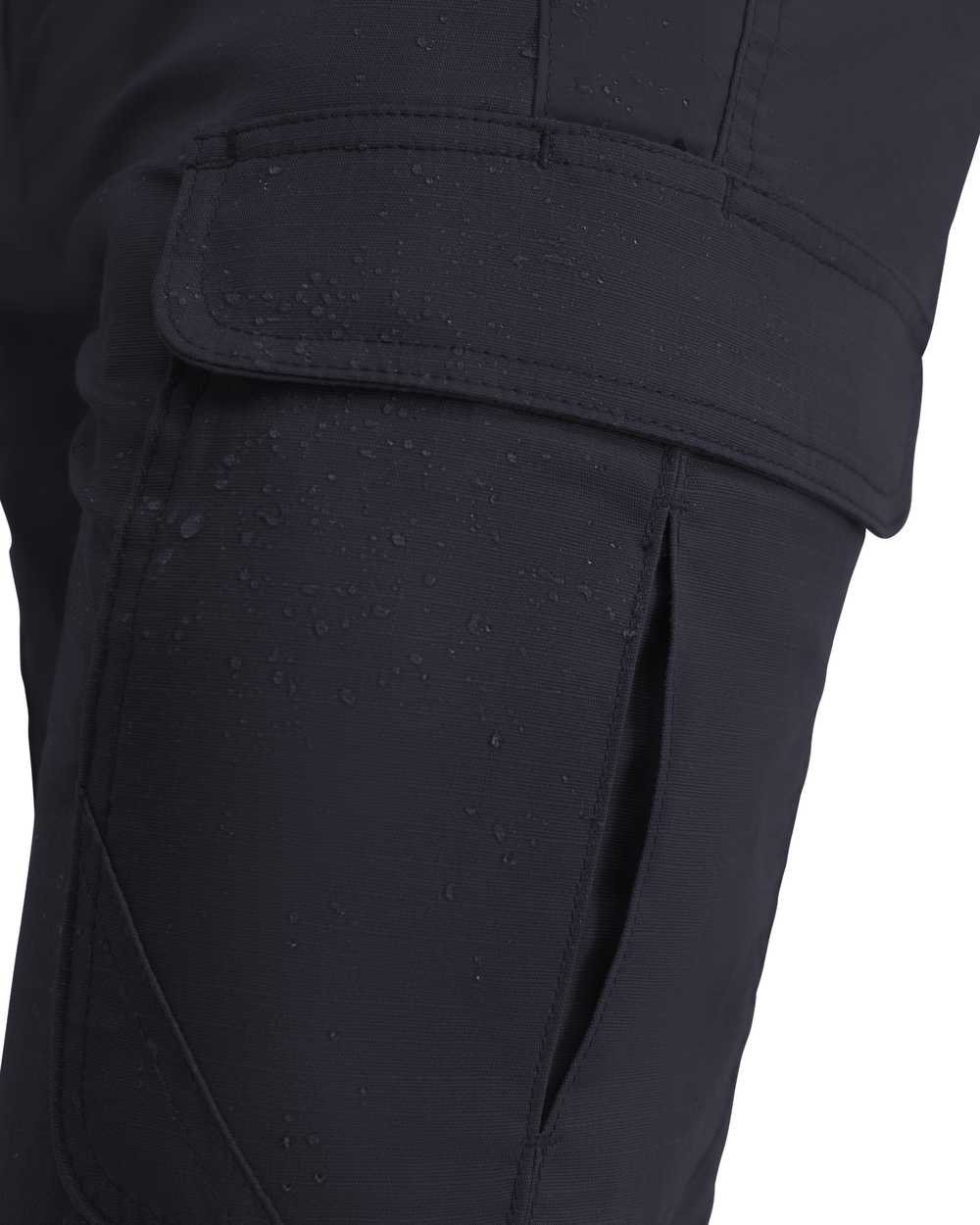Close-up of black pants with a pocket on a white background