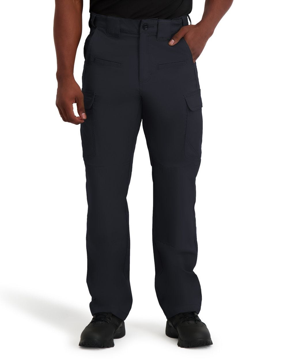 Person wearing black pants on a white background