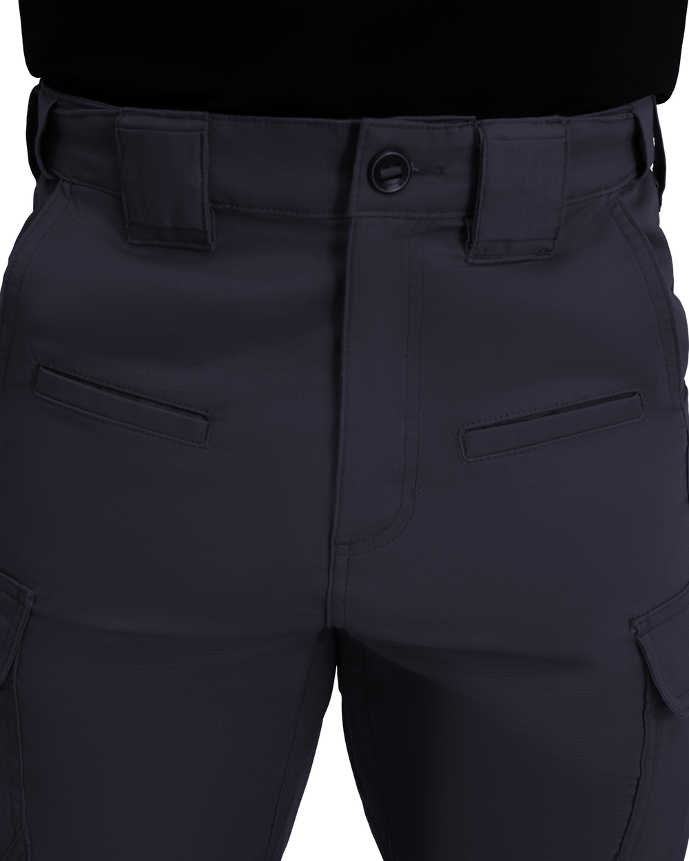 Close-up of dark blue tactical pants with multiple pockets on a white background