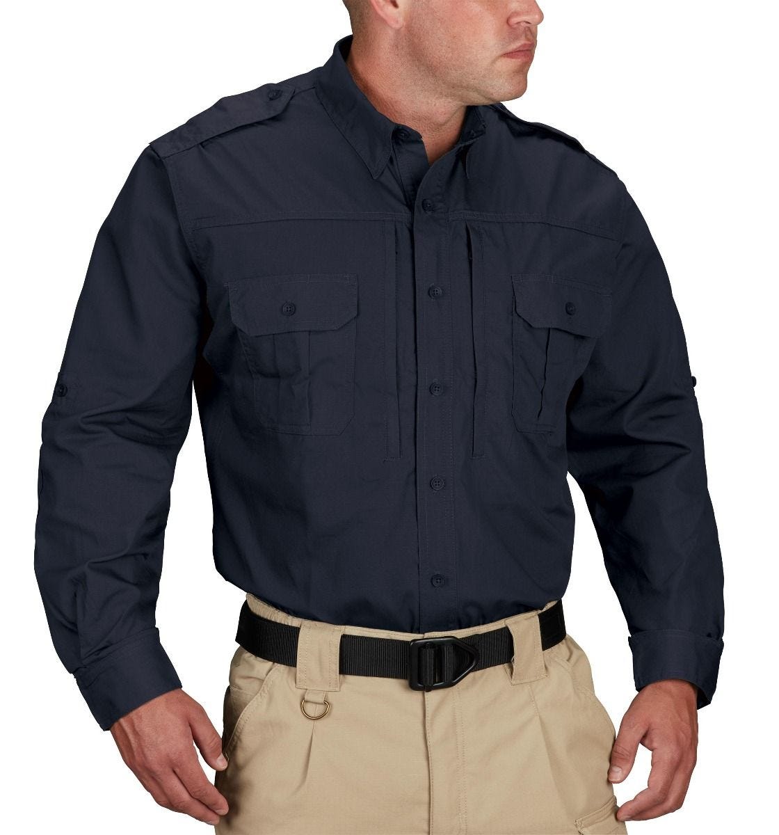 Navy long-sleeve shirt worn by a person on a white background