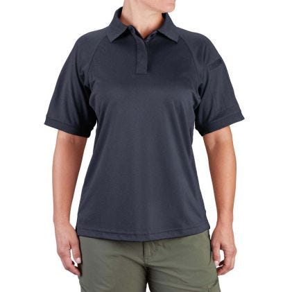 Person wearing a dark gray polo shirt on a white background