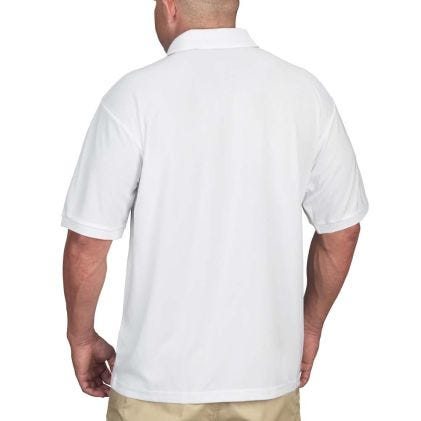 White polo shirt worn by a person on a white background