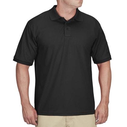 Black polo shirt worn by a person on a white background
