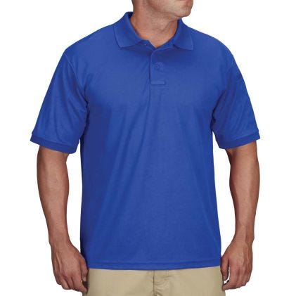 Person wearing a blue polo shirt on a white background