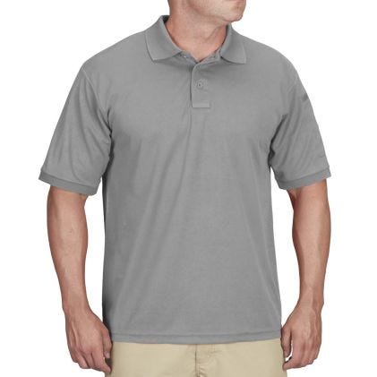 Man wearing a gray polo shirt on a white background