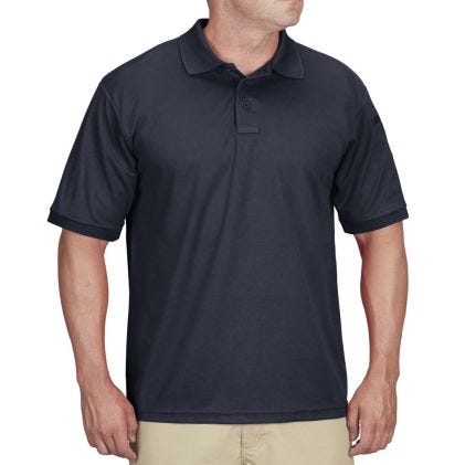 Man wearing a navy blue polo shirt on a white background
