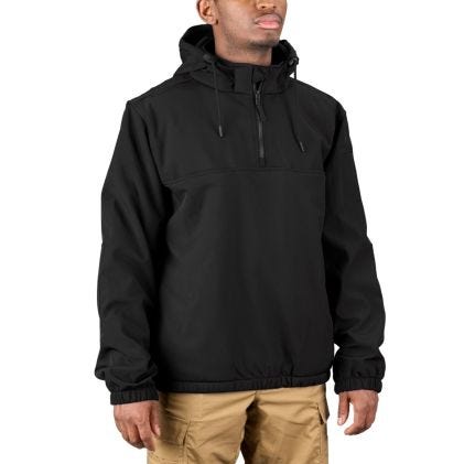 Person wearing a black pullover with a hood on a white background