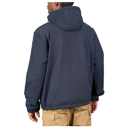 Man wearing a navy blue hooded jacket on a white background