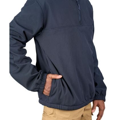 Navy pullover with a quarter zip on a white background