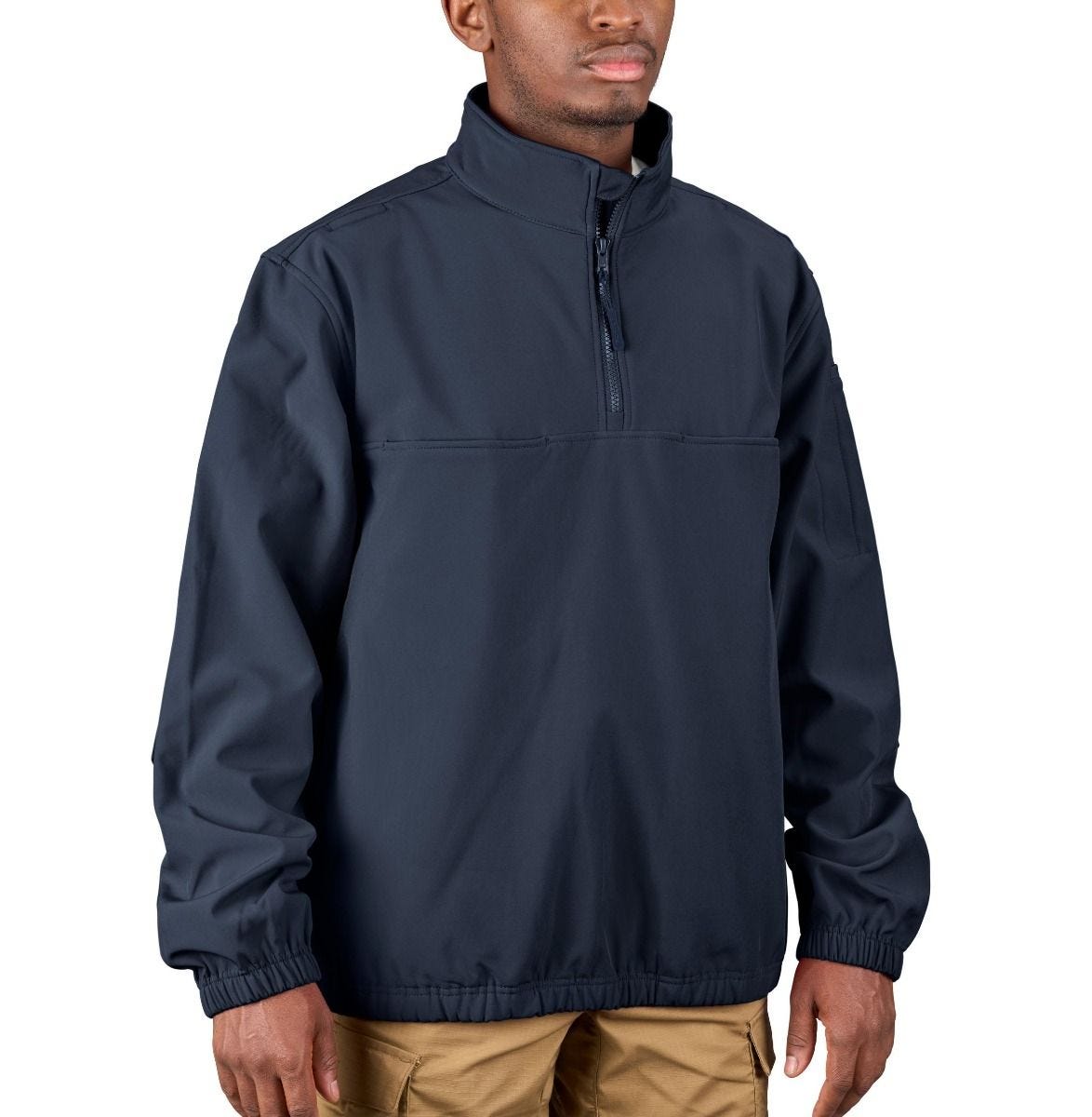 Navy blue pullover with a quarter zip on a white background