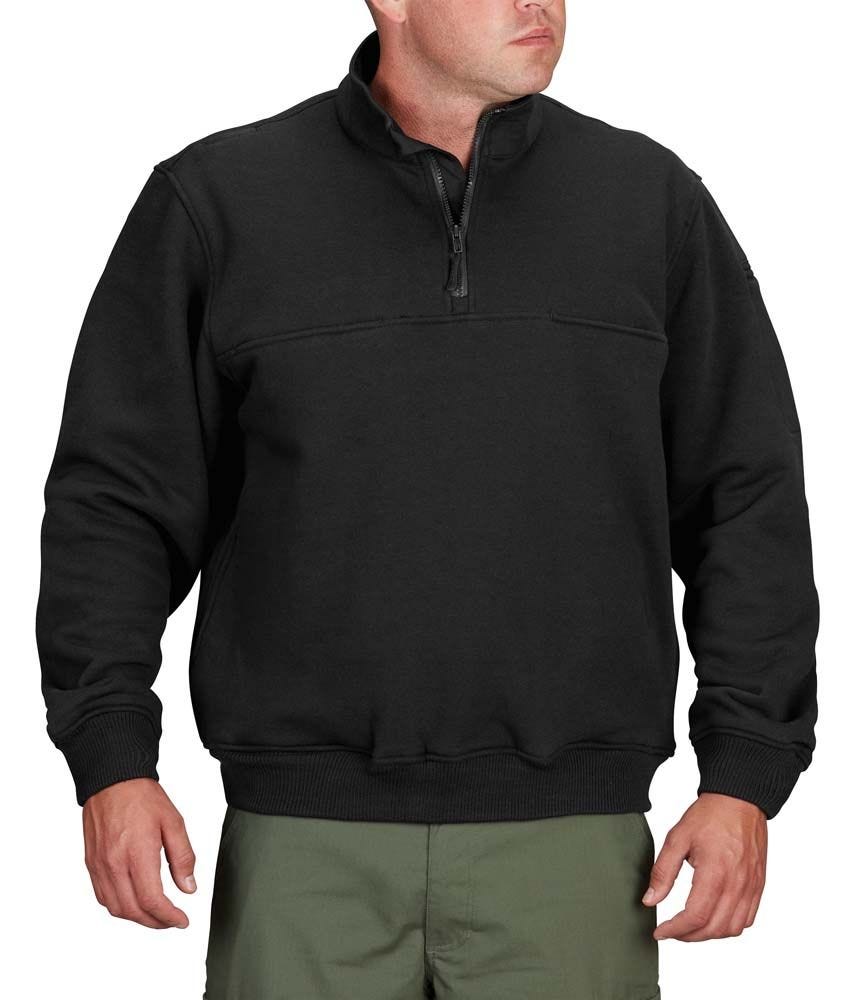 Black pullover with a quarter zip on a white background