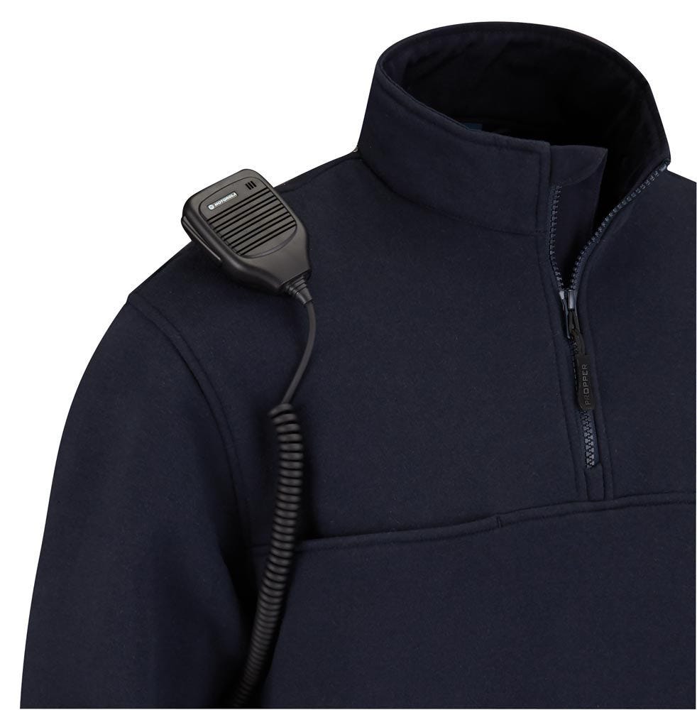 Navy blue jacket with a black radio microphone attached on a white background
