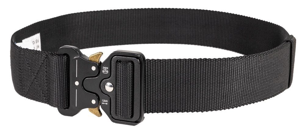Black tactical belt with a buckle on a white background
