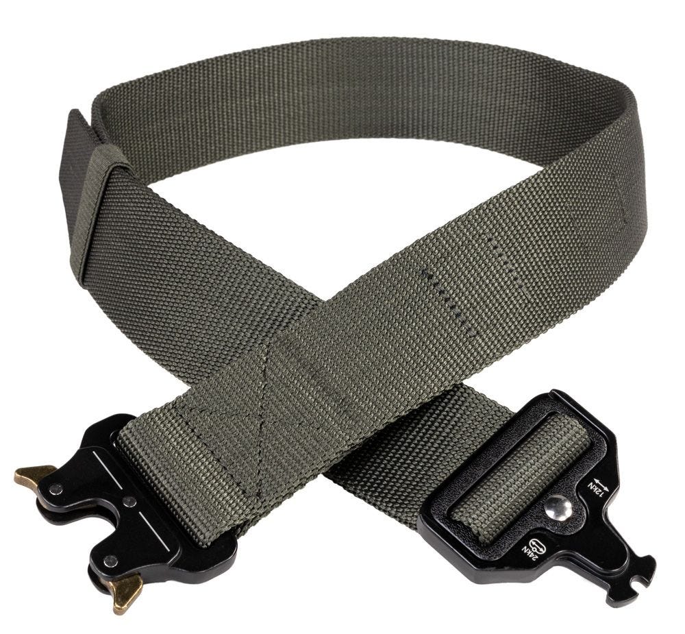 Gray tactical belt with black metal buckle on a white background