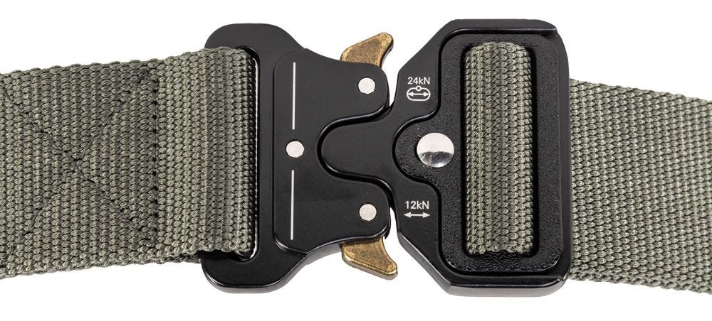 Tactical belt with a black buckle on a white background