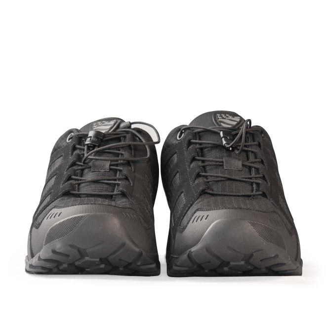 Pair of black athletic shoes on a white background