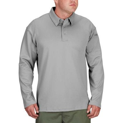 Gray long-sleeve polo shirt worn by a person on a white background