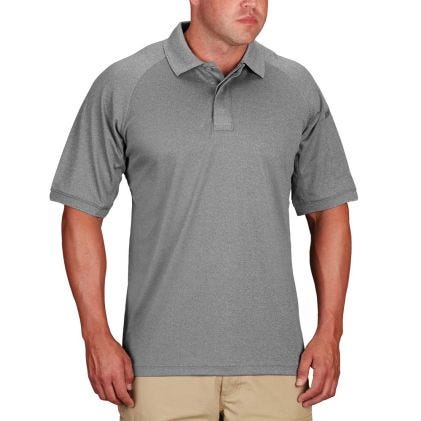 Man wearing a gray polo shirt on a white background