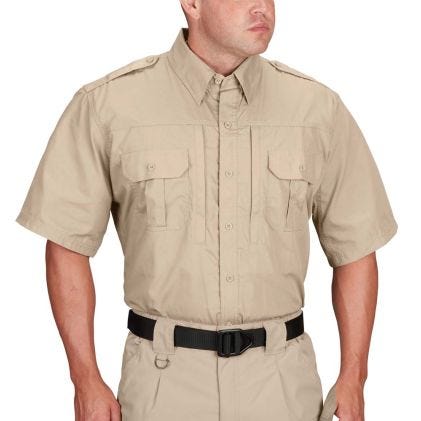 Man wearing a tan short-sleeve uniform shirt with a belt on a white background