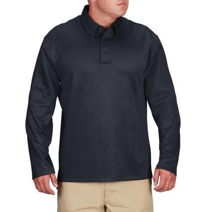 Man wearing a black long-sleeve polo shirt on a white background