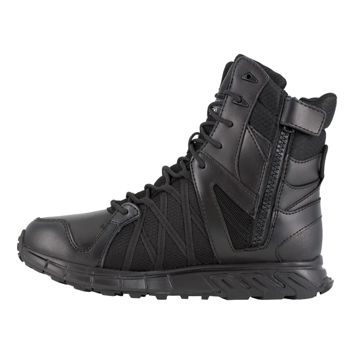 Black high-top sneaker with a white background