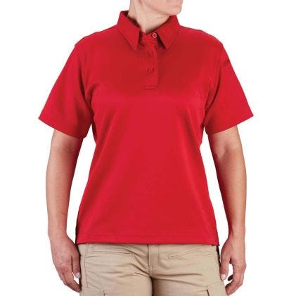Red polo shirt worn by a person on a white background